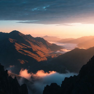 Sunrise over mountain valley landscape