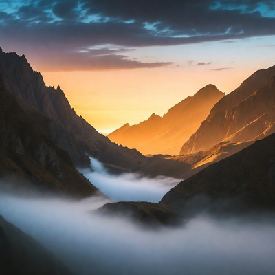 Mountain valley at sunset
