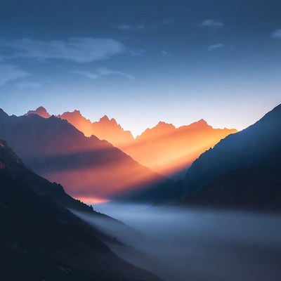 Mountains at sunrise with mist