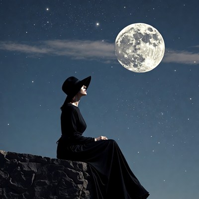 Woman gazes at full moon