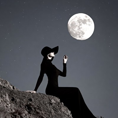 Woman sits by large moon