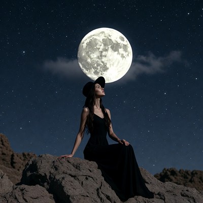 Woman sitting on rocks with moon
