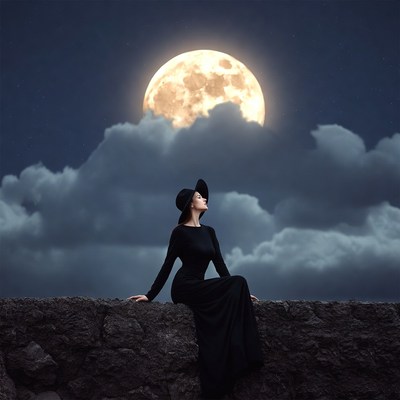 Woman in black dress under moonlight
