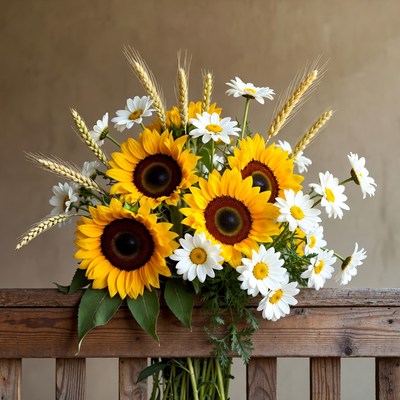 Sunflowers and daisies display on wood