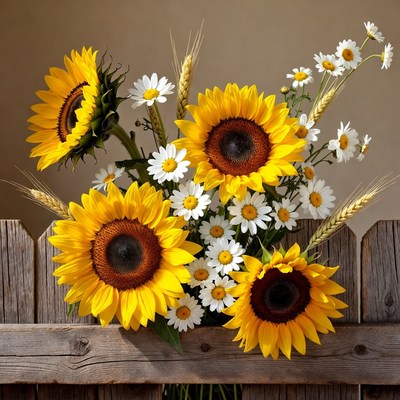 Sunflowers and daisies by fence