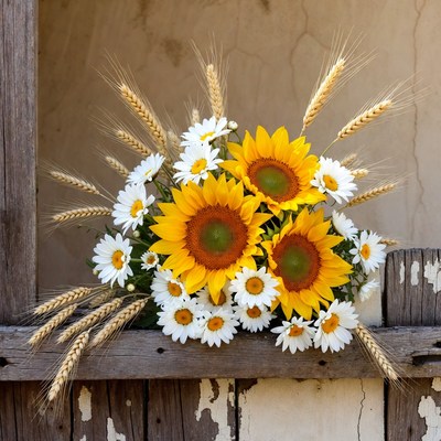 Sunflowers and daisies in window