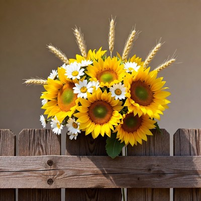 Bright sunflowers and daisies in a rustic setting