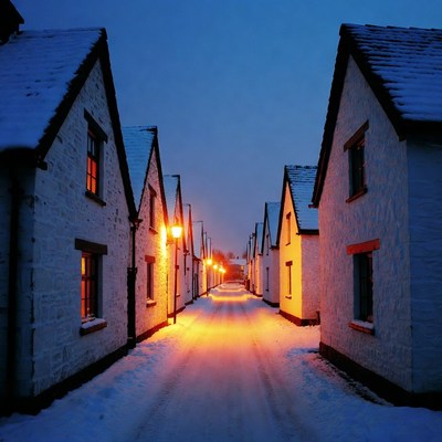 Snowy pathway between white houses