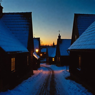 Snowy village street at dusk