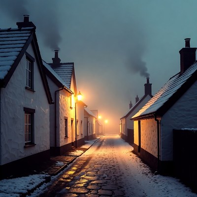 Snowy street in quiet village at night