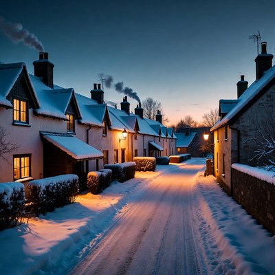 Snowy evening in a quiet village