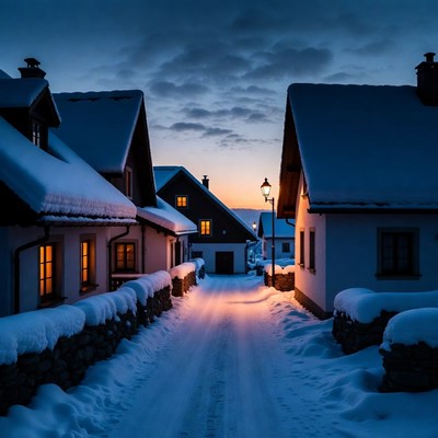 Snowy village at dusk
