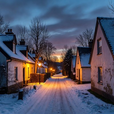Winter evening in quiet village