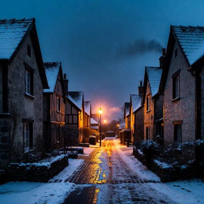 Snowy street with houses at night