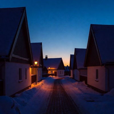 Snowy village at dusk near houses
