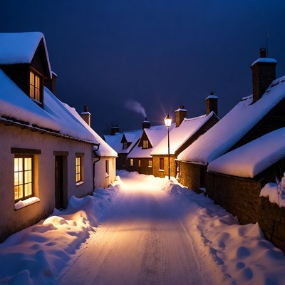Snowy village street at night
