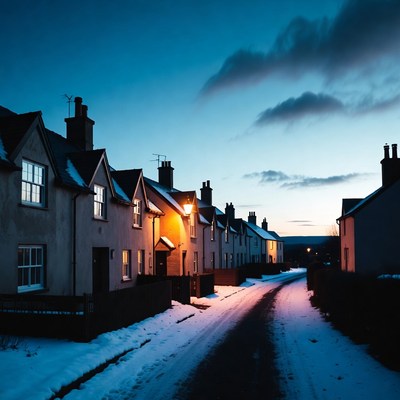 Snowy street at dusk with houses