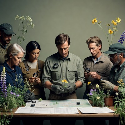 Team studying plants and flowers closely
