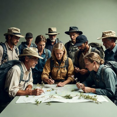 Group studies a map indoors