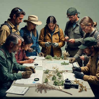 Team studies plants and maps indoors