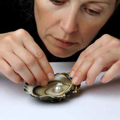 Person examining a pearl in an oyster