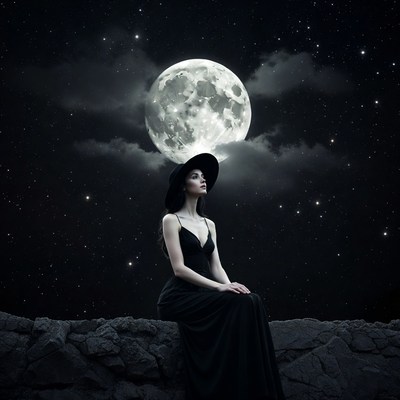 Woman sits under the moonlight in night sky
