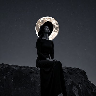 Woman sitting by the moon at night