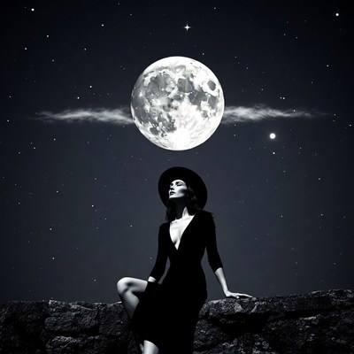 Woman sitting under full moon