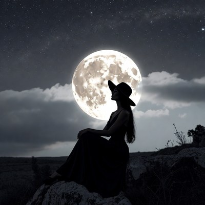 Woman sits under full moon