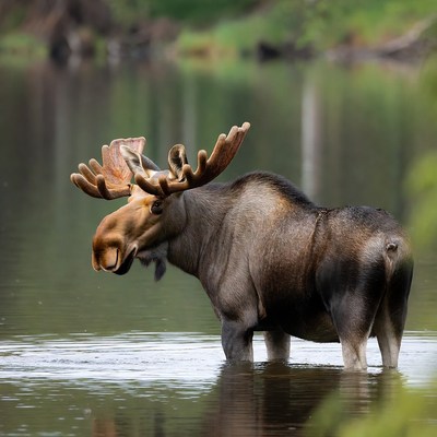 Moose wading in calm water
