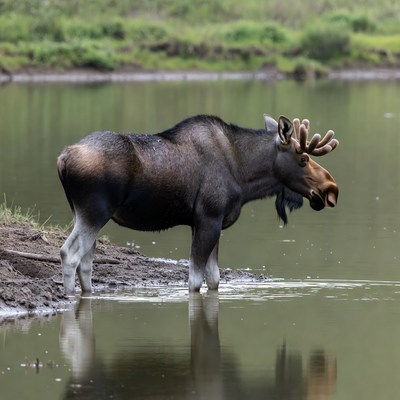 Moose standing by water in wildlife habitat