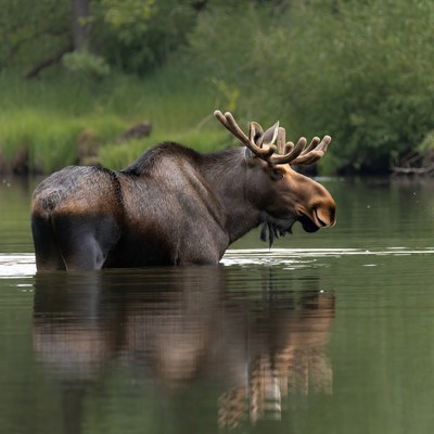 Moose wading in river during daylight