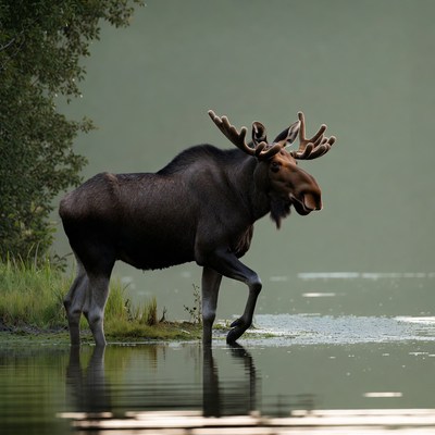 Moose walking near water in nature