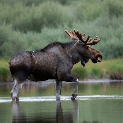 Moose walking in water at dusk