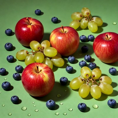 Fruits on green surface with water drops