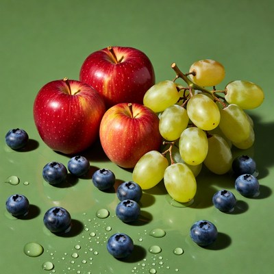 Fresh fruit arrangement on green background