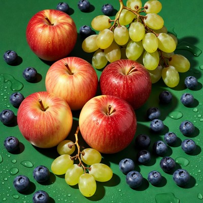 Fresh fruit on green background