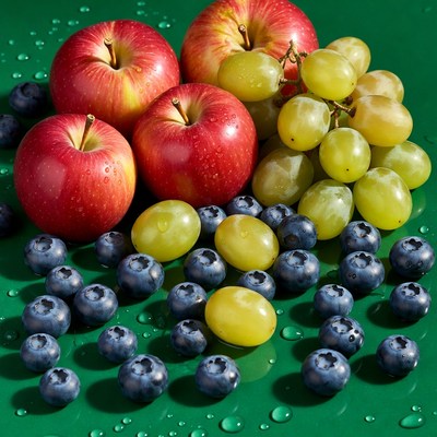 Fresh fruit on green surface