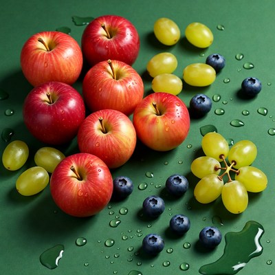 Fresh fruits arranged on green surface