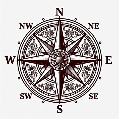Decorative compass rose design with flowers