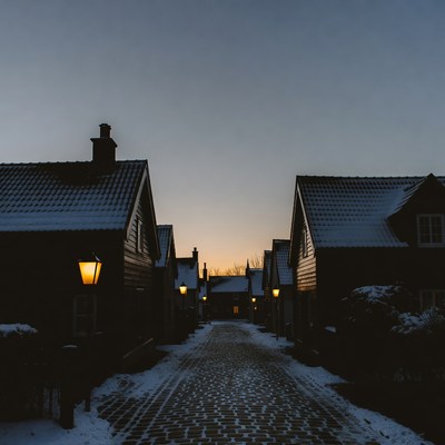 Snowy village at dusk