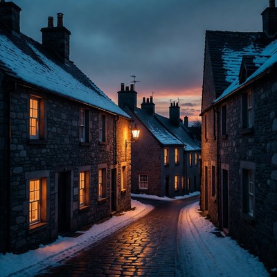 Snowy street at dusk in small town