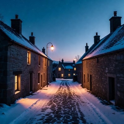 Snowy evening in a quiet village