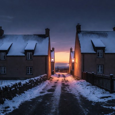Snowy street at sunset in village