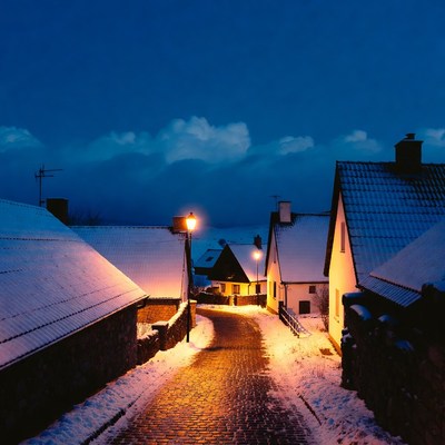 Snowy village street at night