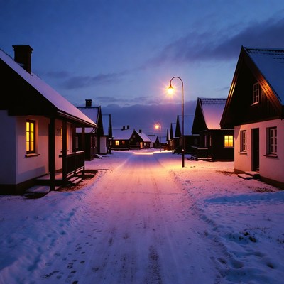 Snowy street with cozy houses at night