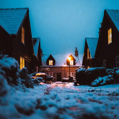 Winter evening in snowy neighborhood