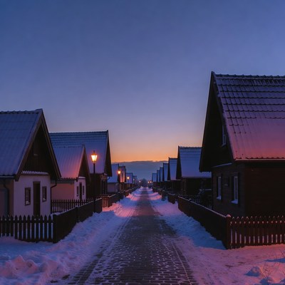 Snowy street at dusk in winter