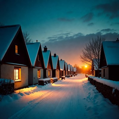 Snowy street with lit houses at night