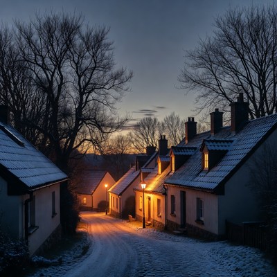 Snowy street at dusk in winter